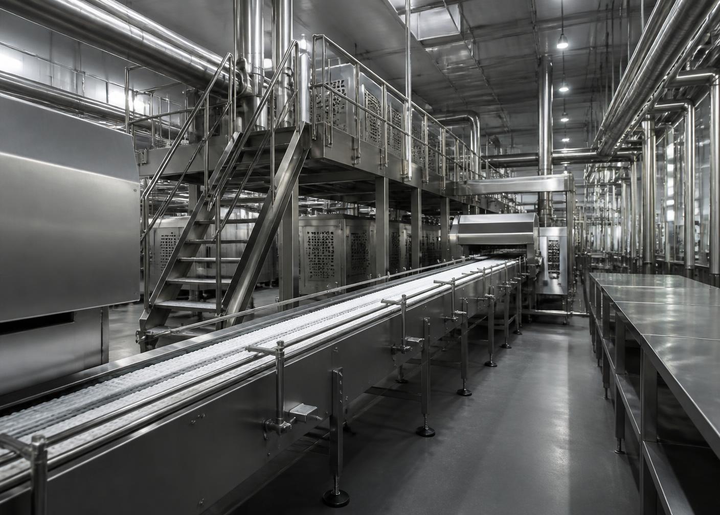 Ligne de production agroalimentaire en inox avec convoyeur et passerelle