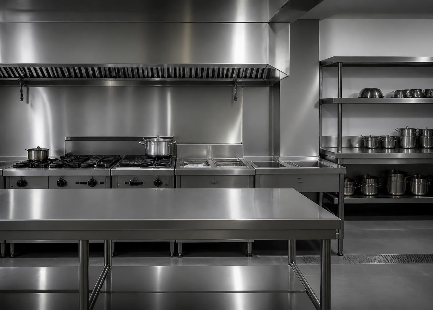 Cuisine professionnelle équipée de tables et étagères en inox
